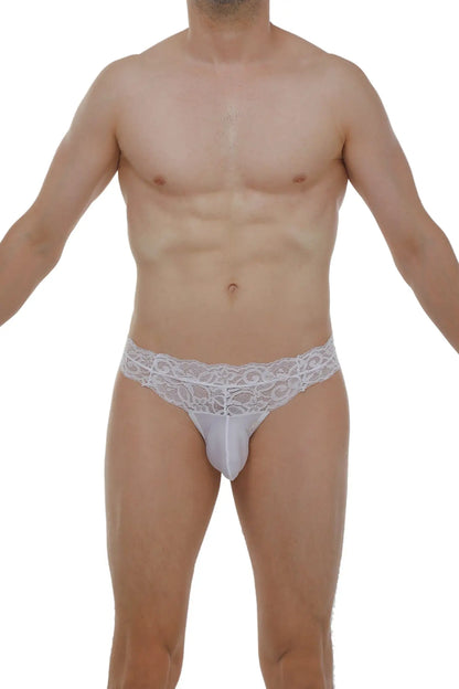 White lace-trimmed men’s thong plessis lace white with sheer form-fitting design shown from the back side