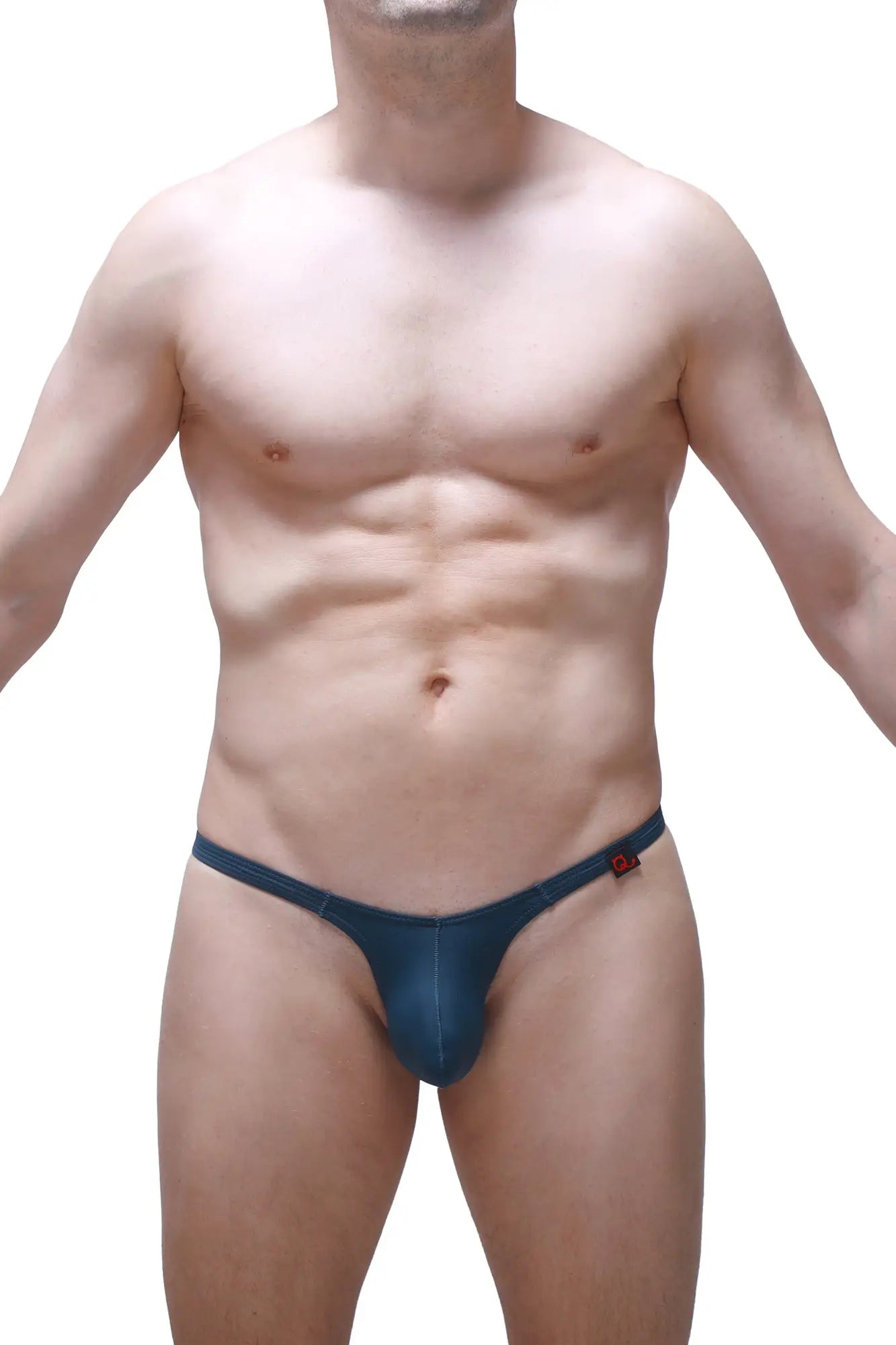 Navy blue denim thong petitq thong yutz prussian with a small red logo on the sideband shown from the back side