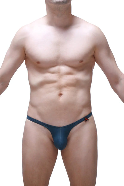 Navy blue denim thong petitq thong yutz prussian with a small red logo on the sideband shown from the back side