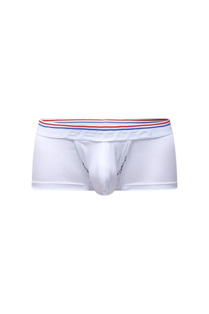 Petitq trunk algun white men’s briefs with red white and blue striped elastic waistband embossed dentifo logo