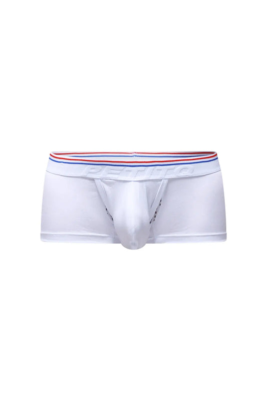 Petitq trunk algun white men’s briefs with red white and blue striped elastic waistband embossed dentifo logo