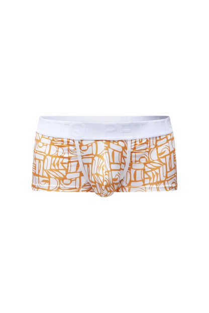 White and gold patterned boxer briefs with white elastic waistband from petitq trunk carlot alloy collection