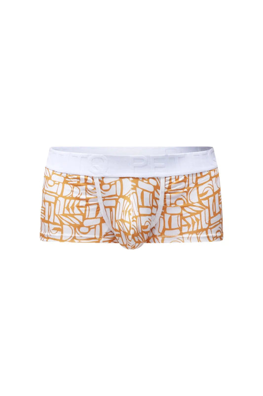 White and gold patterned boxer briefs with white elastic waistband from petitq trunk carlot alloy collection