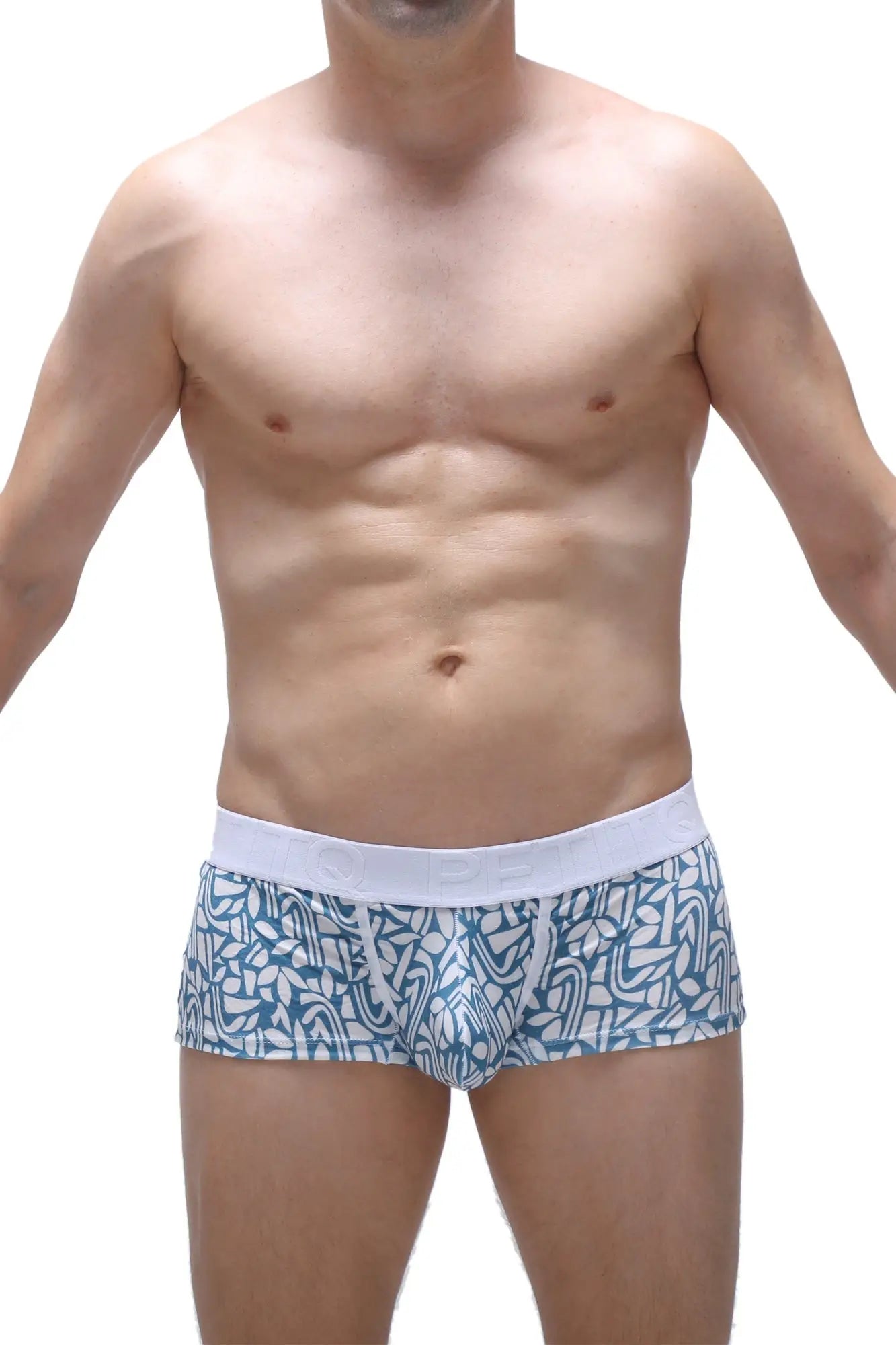 Petitq trunk carlot blue men’s briefs with blue and white pattern and solid white waistband for comfortable wear