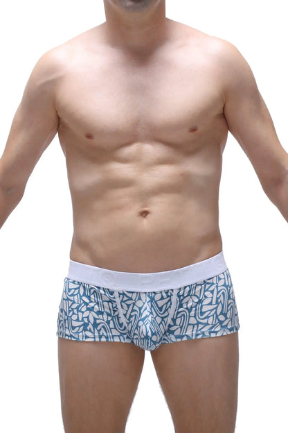 Petitq trunk carlot blue men’s briefs with blue and white pattern and solid white waistband for comfortable wear
