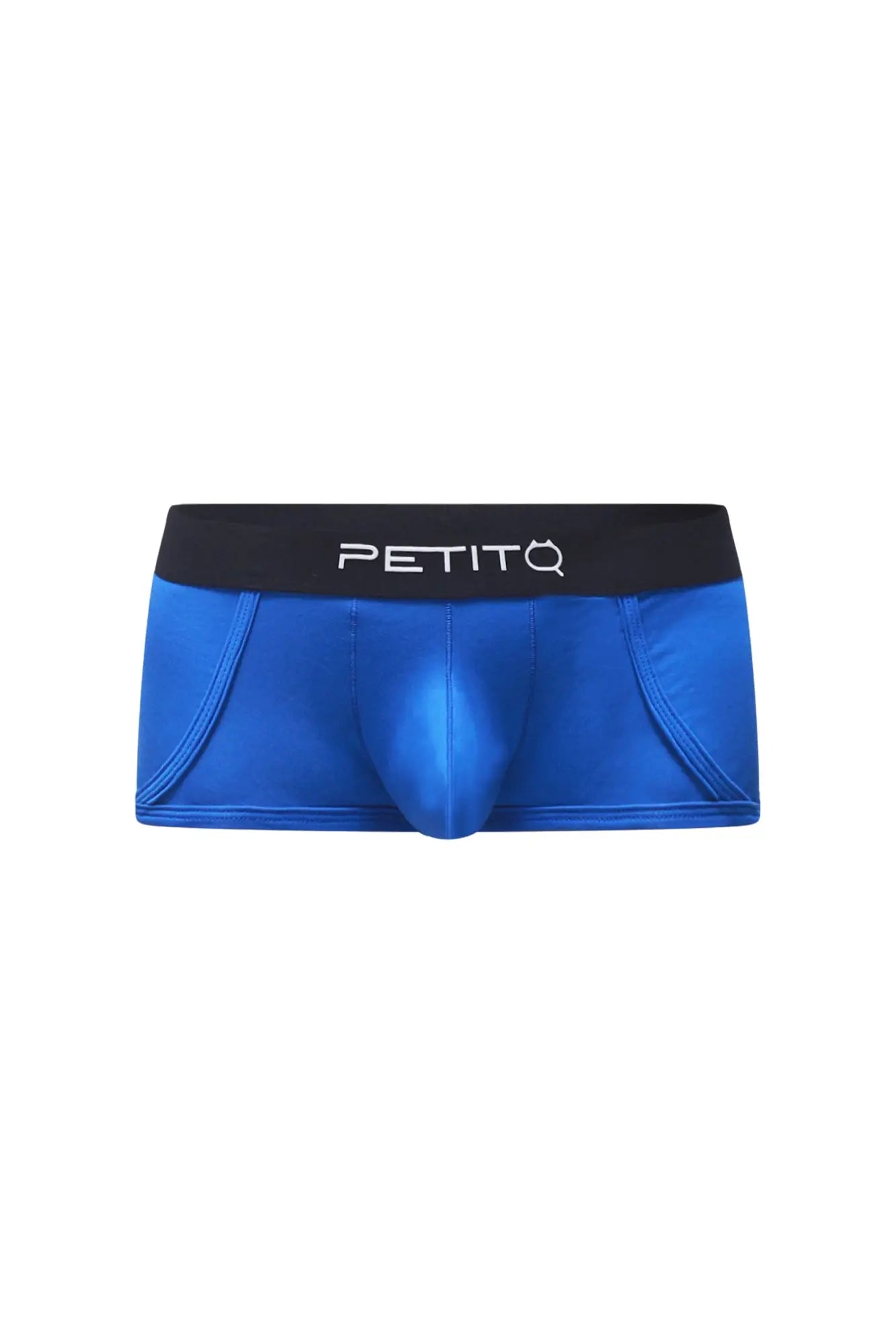 Blue petitq men’s briefs trunk morrier with black waistband featuring the brand logo in a solid color design