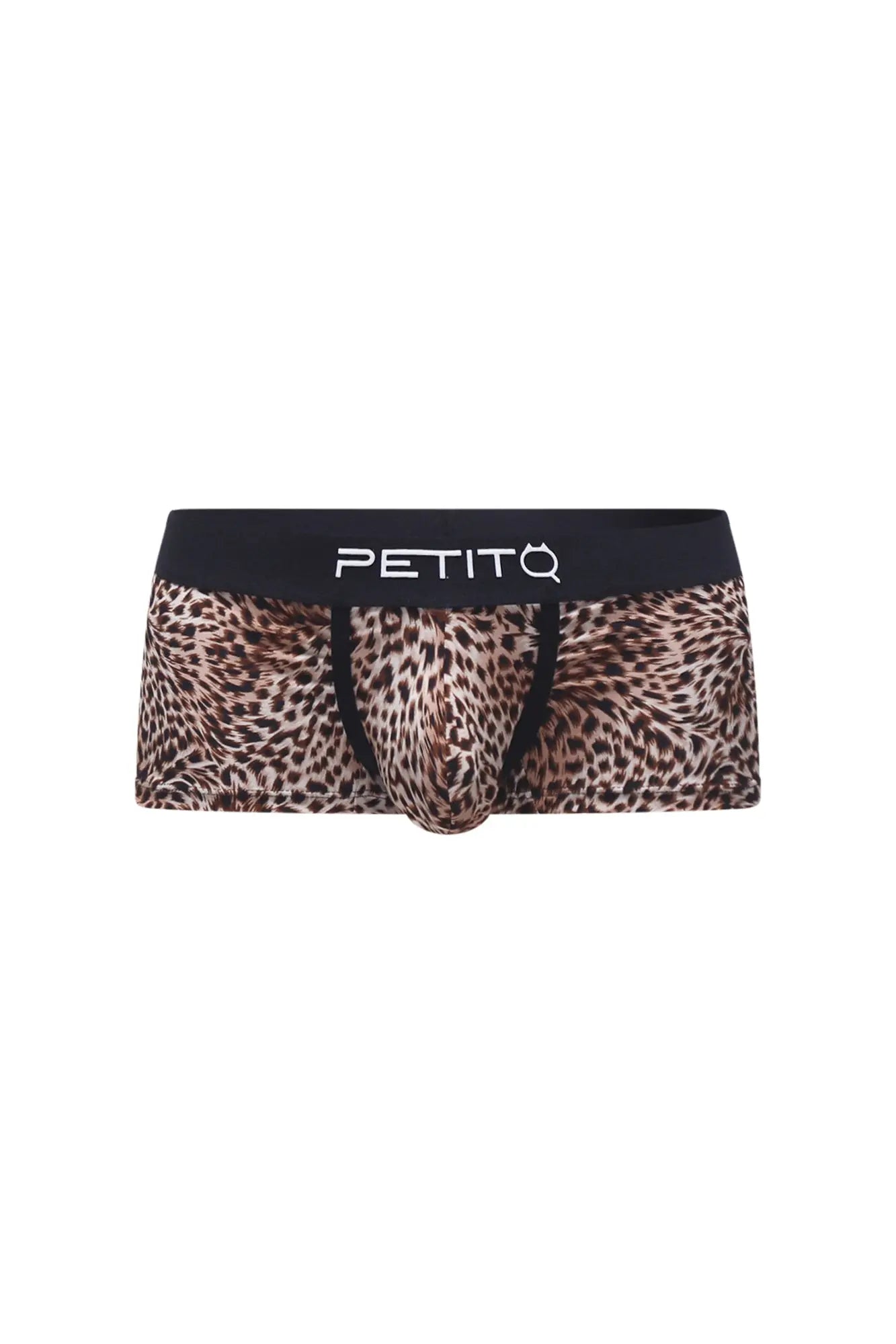 PetitQ trunk panthere leopard print men’s briefs with a black waistband featuring the petitq logo