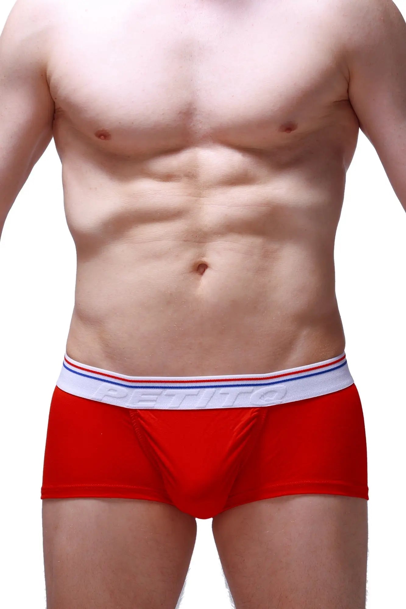 PetitQ trunk taik modal red men’s briefs with white elastic waistband featuring red and blue stripes and petitto branding