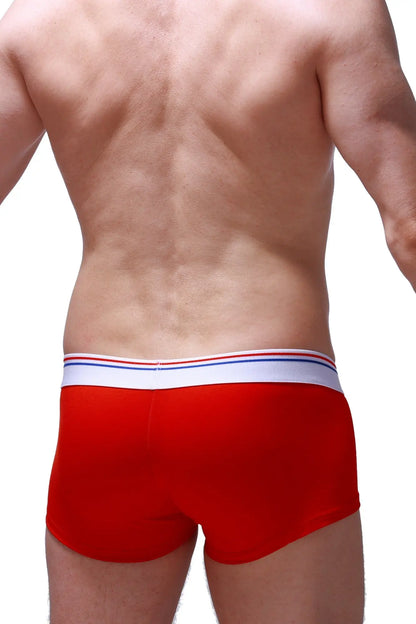 PetitQ trunk taik modal red men’s briefs in red with white elastic waistband and thin red and blue stripes