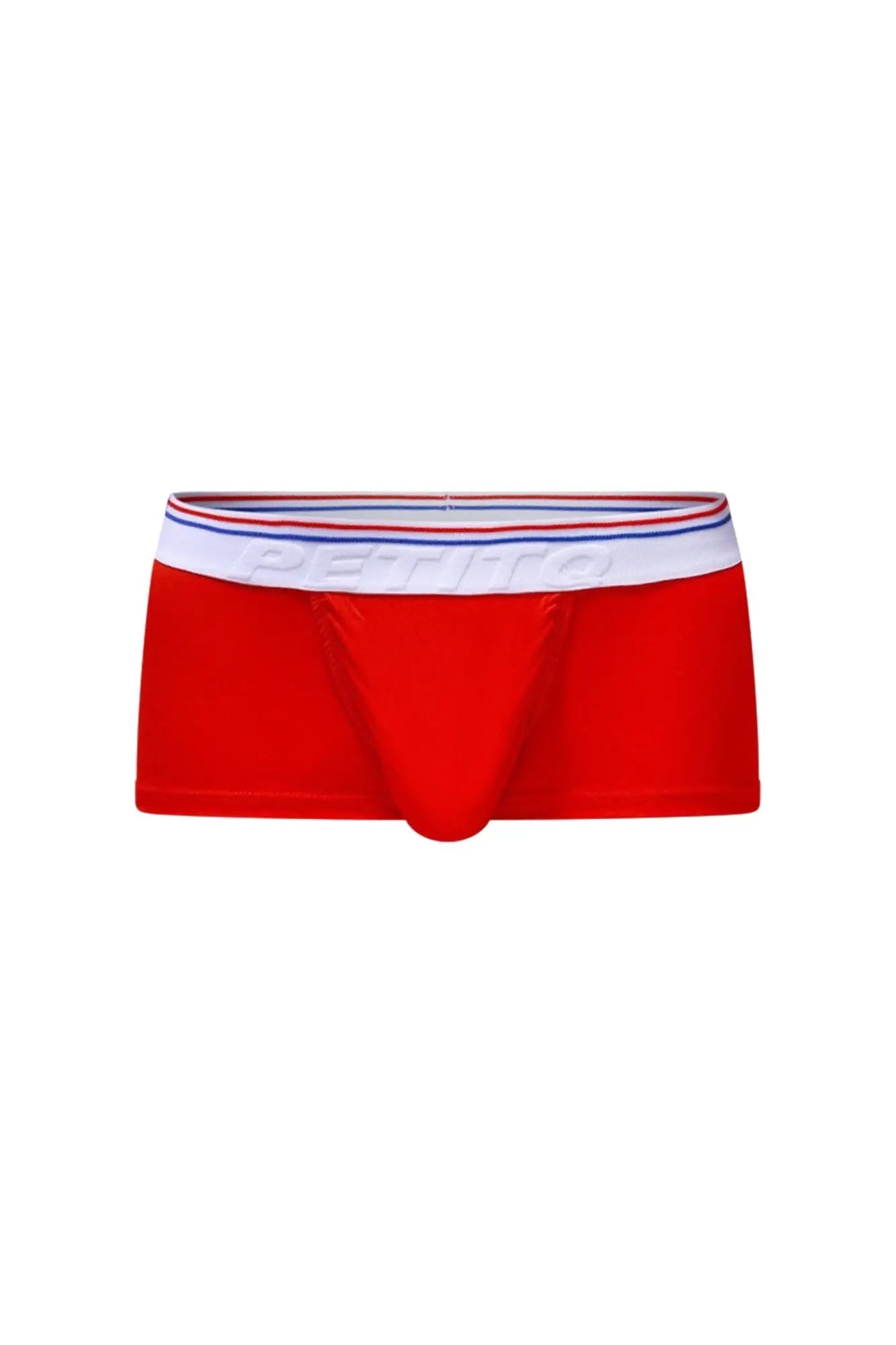Petitq trunk taik modal red men’s briefs with red color and white waistband with red blue stripes and perino branding