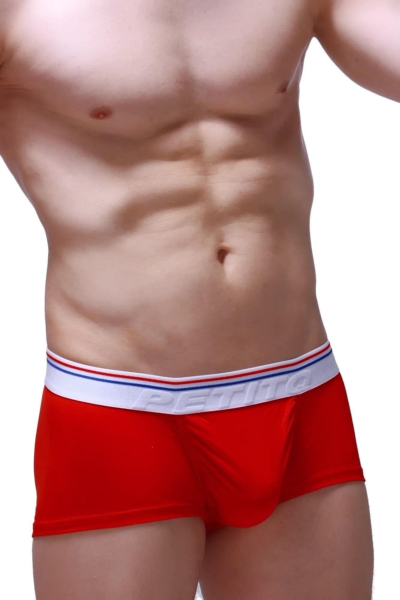 Red petitbjörn boxer briefs with white elastic waistband with red and blue stripes made from modal fabric
