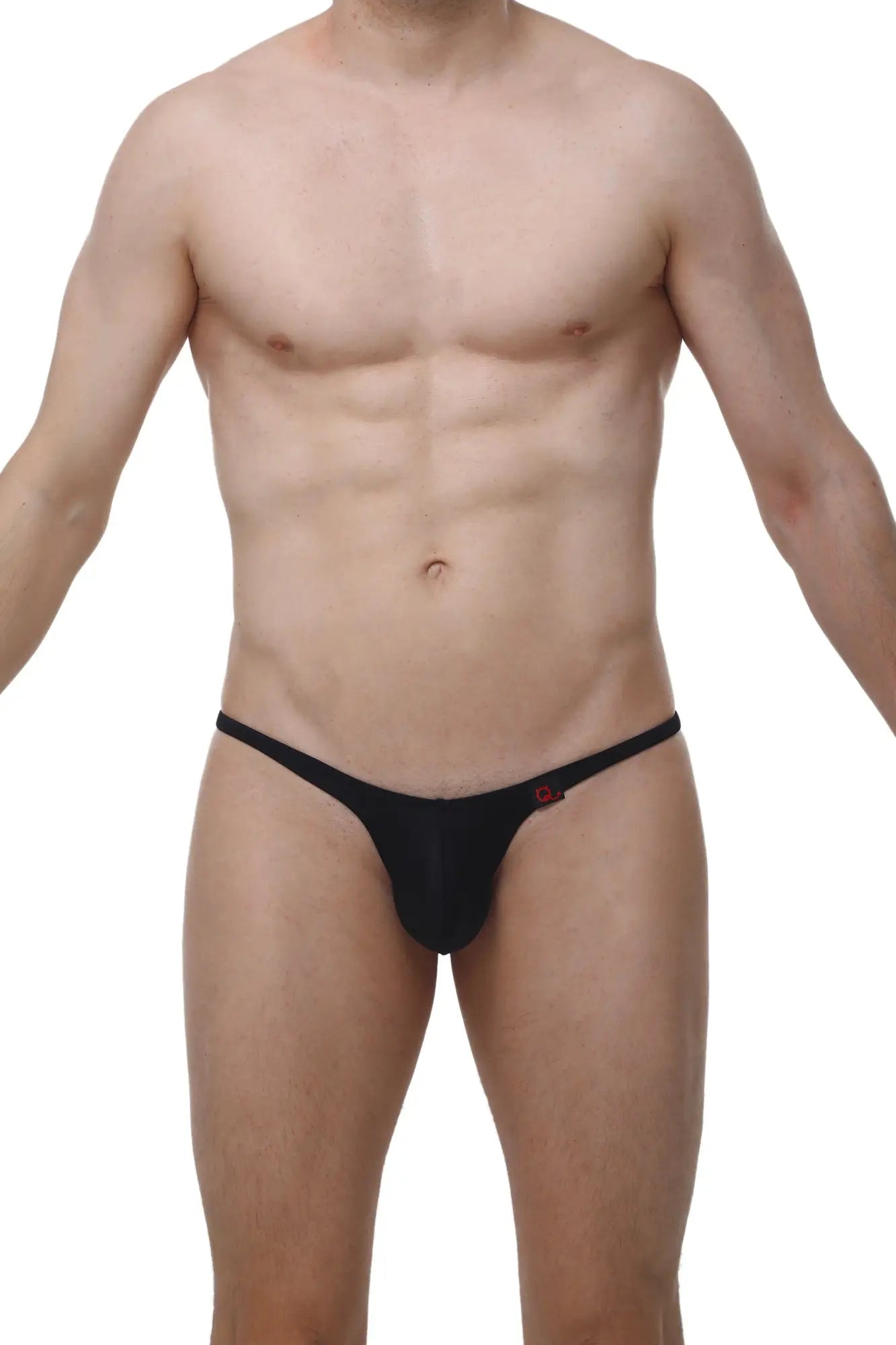 Black thong underwear for men by arthus and nicobikini with a small red logo on the side for a sexy look