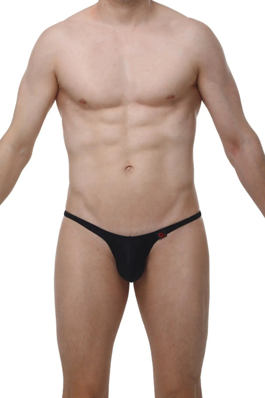 Black thong underwear for men by arthus and nicobikini with a small red logo on the side for a sexy look