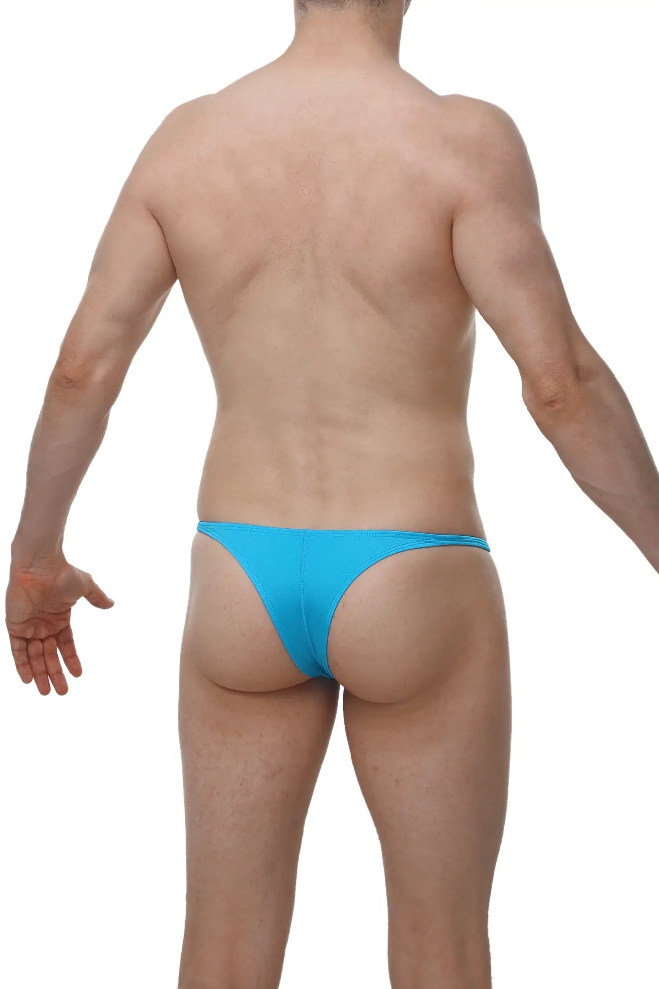 Bright blue form-fitting thong swimsuit for men by Arthus and Nico in the PetitQ underwear collection