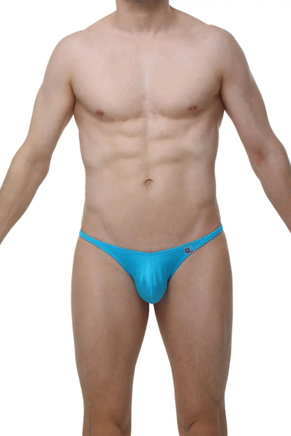 Bright blue shiny fabric briefs with small logo by arthus and nico for men’s sexy underwear petitq thong plellis joe turquoise