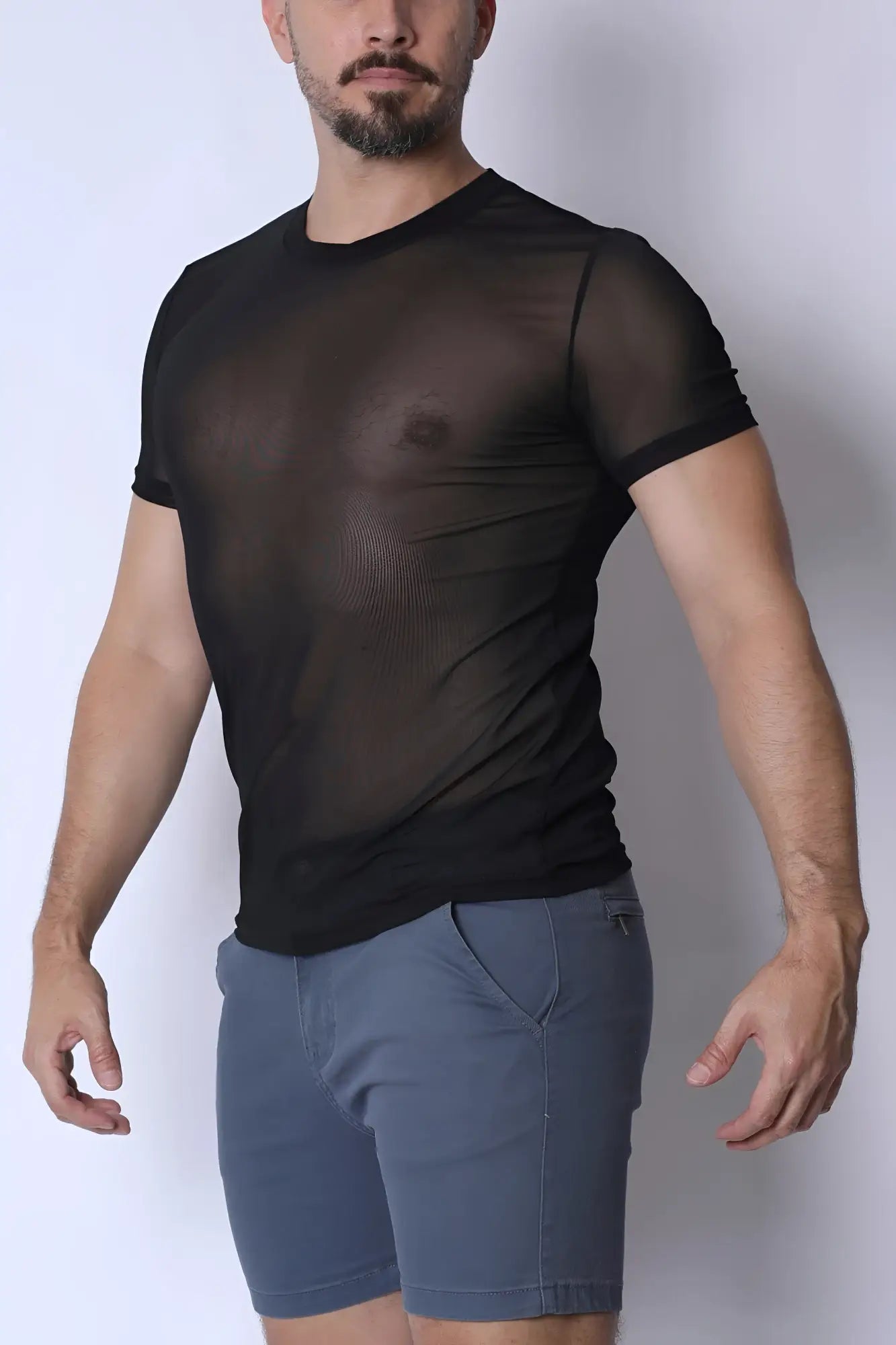 Black sheer mesh short-sleeved phantom mesh t-shirt featuring lightweight breathable fabric for stylish layering