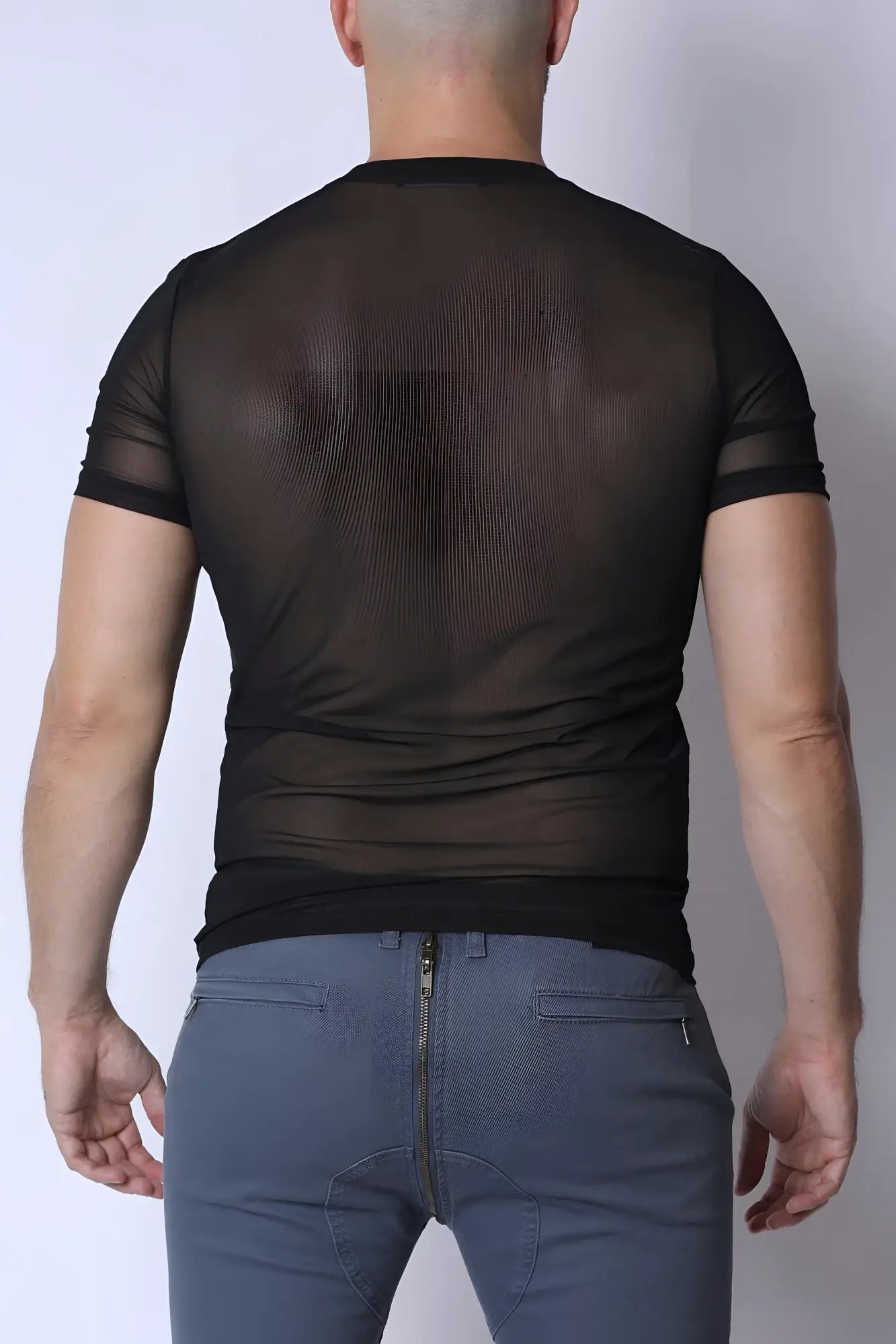 Black sheer mesh short-sleeved phantom mesh t-shirt made of lightweight breathable fabric for stylish layering