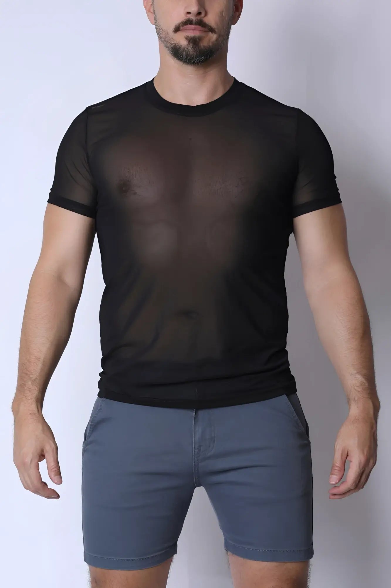 Black sheer mesh short-sleeved phantom mesh t-shirt showcasing lightweight breathable fabric and edgy style