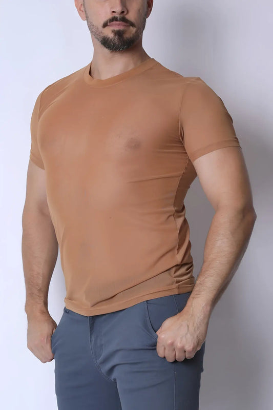Tan phantom mesh t shirt with a form fitting design short sleeves and a crew neck for activewear use