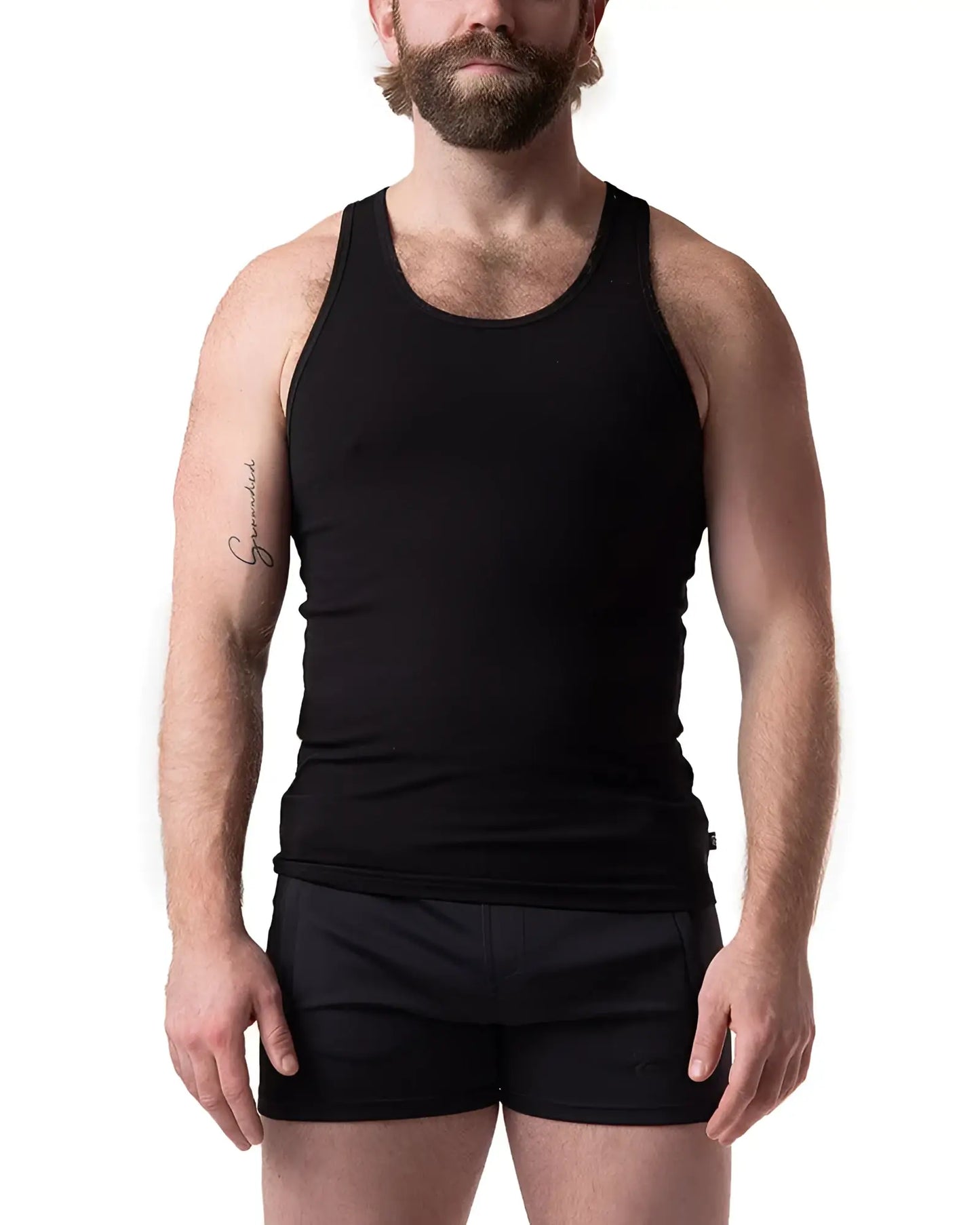 Black ribbed cotton pig rib tank top with simple round neckline for casual wear