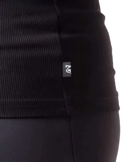 Black ribbed knit pig rib tank top with small rectangular brand tag on the seam showing the front side
