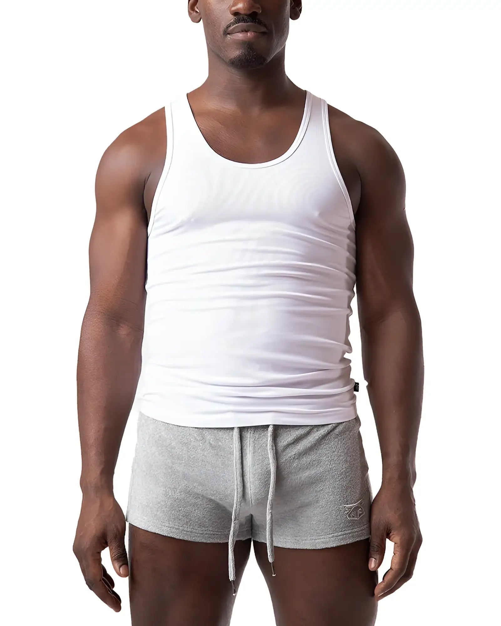 White ribbed cotton pig rib tank top with a classic scoop neckline and sleeveless design