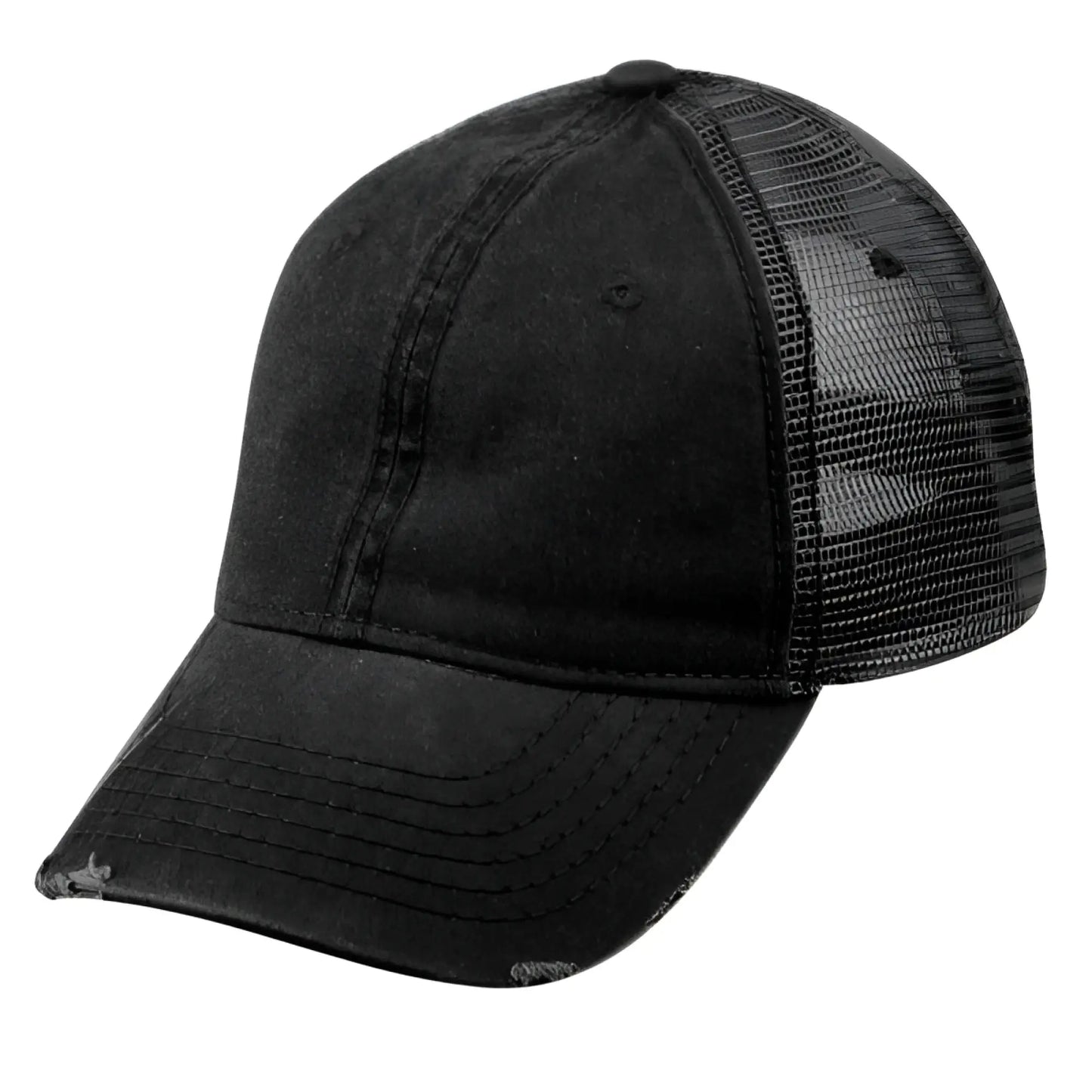 Black distressed denim pigment dyed washed cotton trucker cap with mesh back and frayed brim shown from back side