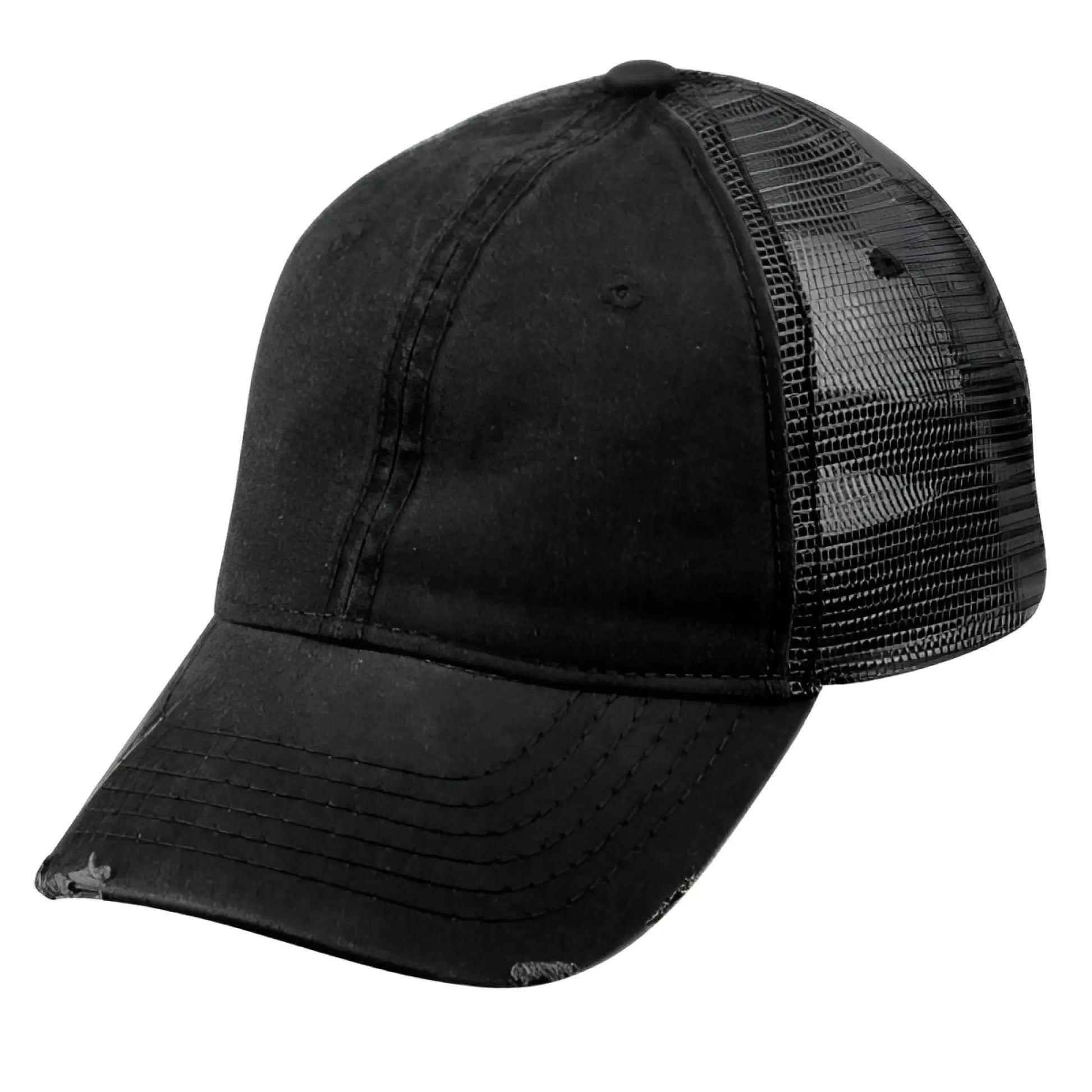 Black distressed denim pigment dyed washed cotton trucker cap with mesh back and frayed brim shown from back side