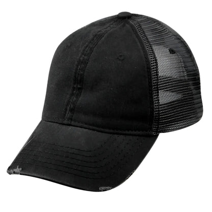 Black distressed denim pigment dyed washed cotton trucker cap with mesh back and frayed brim shown from back side