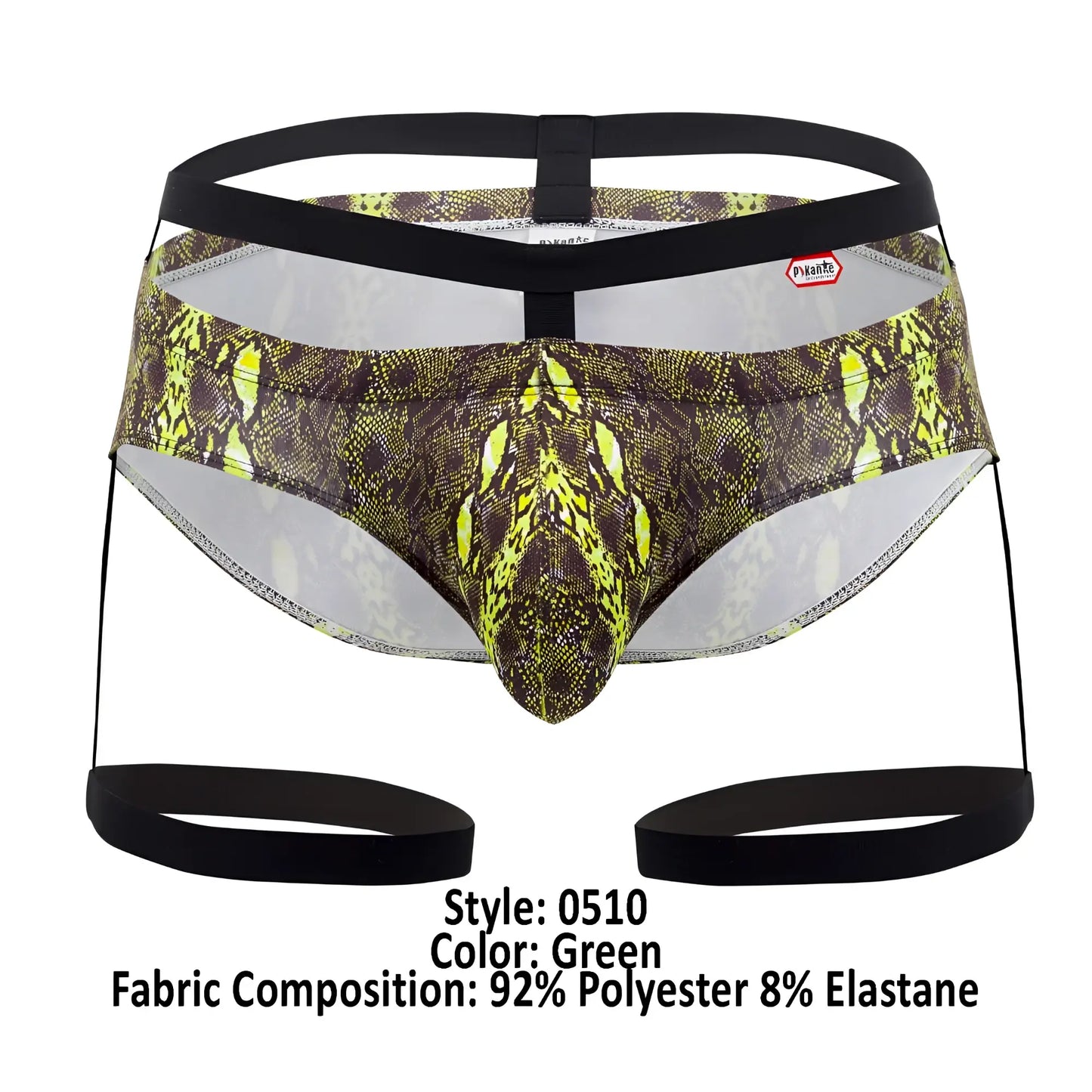 Pikante PIK 0510 neon briefs in green snake print with black elastic straps and breathable mesh interior