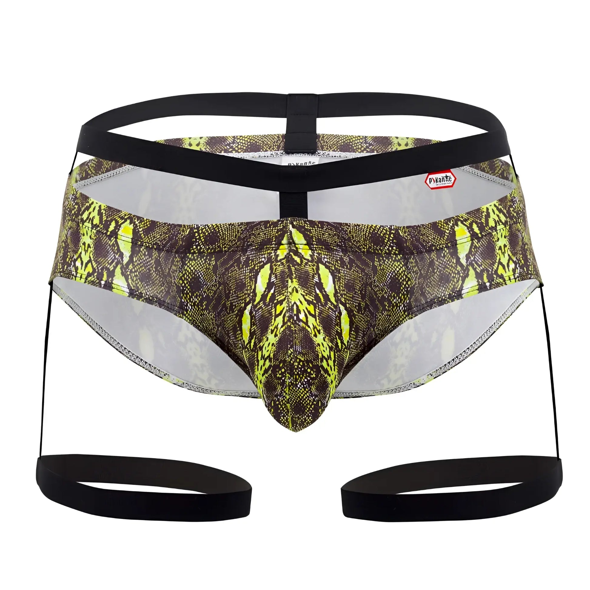 Snake-printed pikante PIK 0510 neon briefs in green with neon yellow and dark brown scales and black waistband and straps