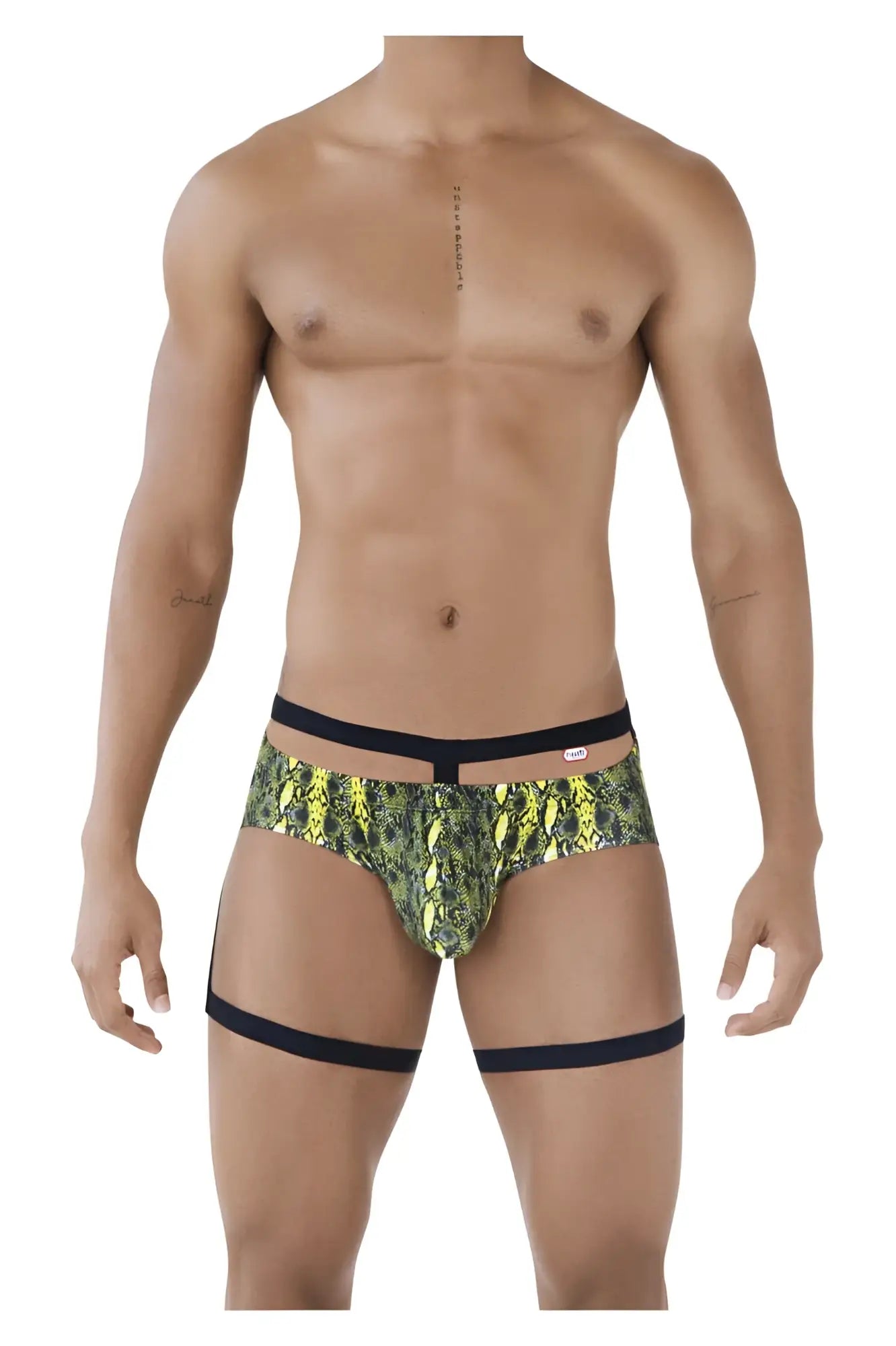 Pikante PIK 0510 neon briefs in vibrant neon green snake-scale pattern with black waistband and leg straps
