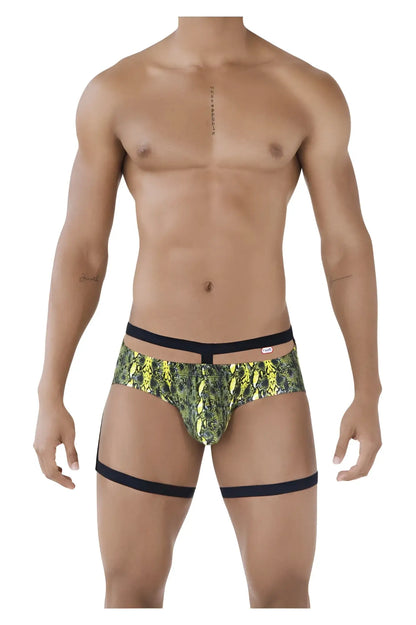 Pikante PIK 0510 neon briefs in vibrant neon green snake-scale pattern with black waistband and leg straps