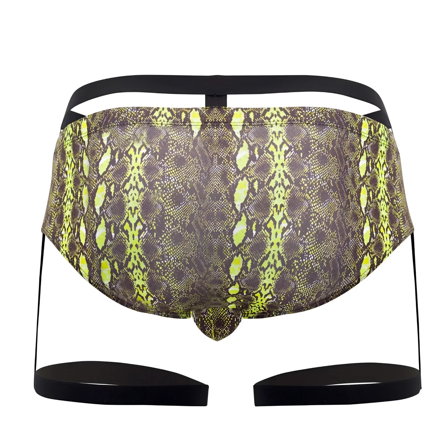 Pikante PIK 0510 neon briefs in vibrant neon green and dark brown snake-scale pattern with black elastic straps