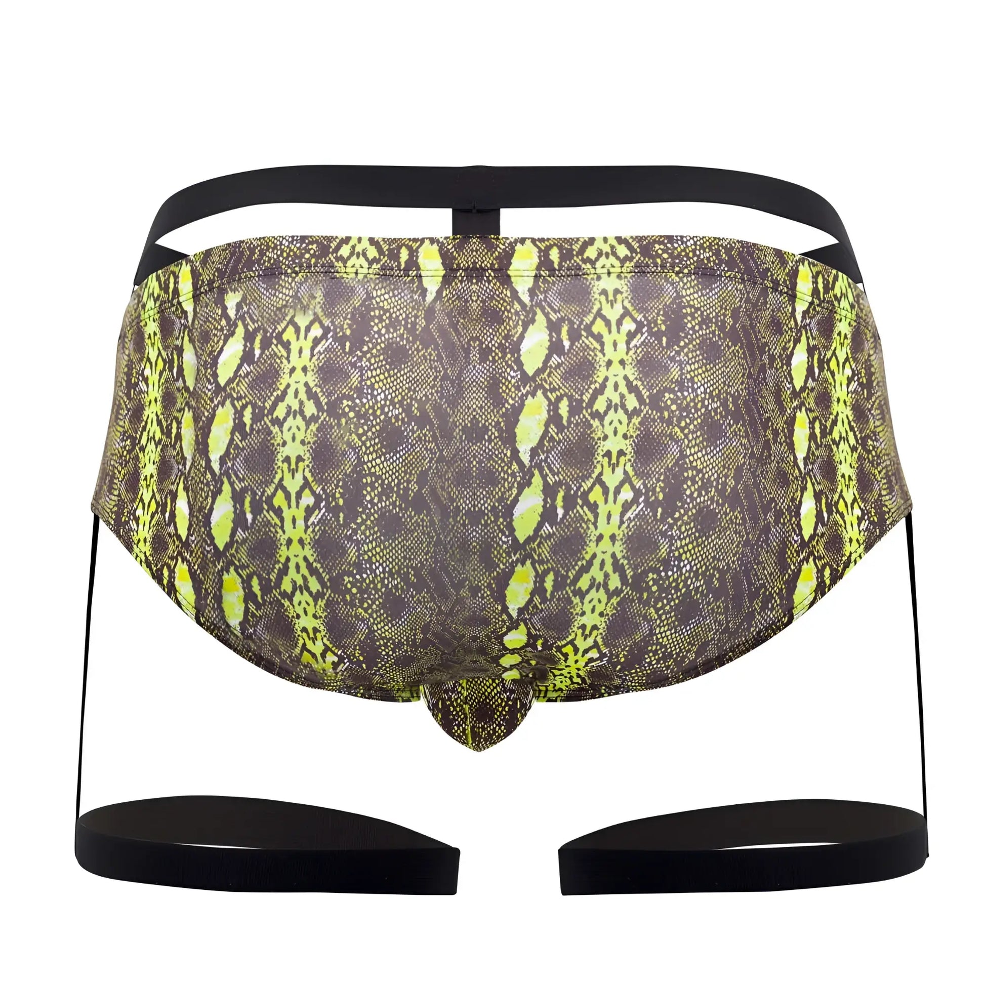 Pikante PIK 0510 neon briefs in vibrant neon green and dark brown snake-scale pattern with black elastic straps