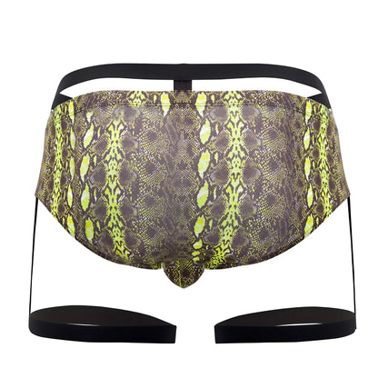 Pikante PIK 0510 neon briefs in vibrant neon green and dark brown snake-scale pattern with black elastic straps
