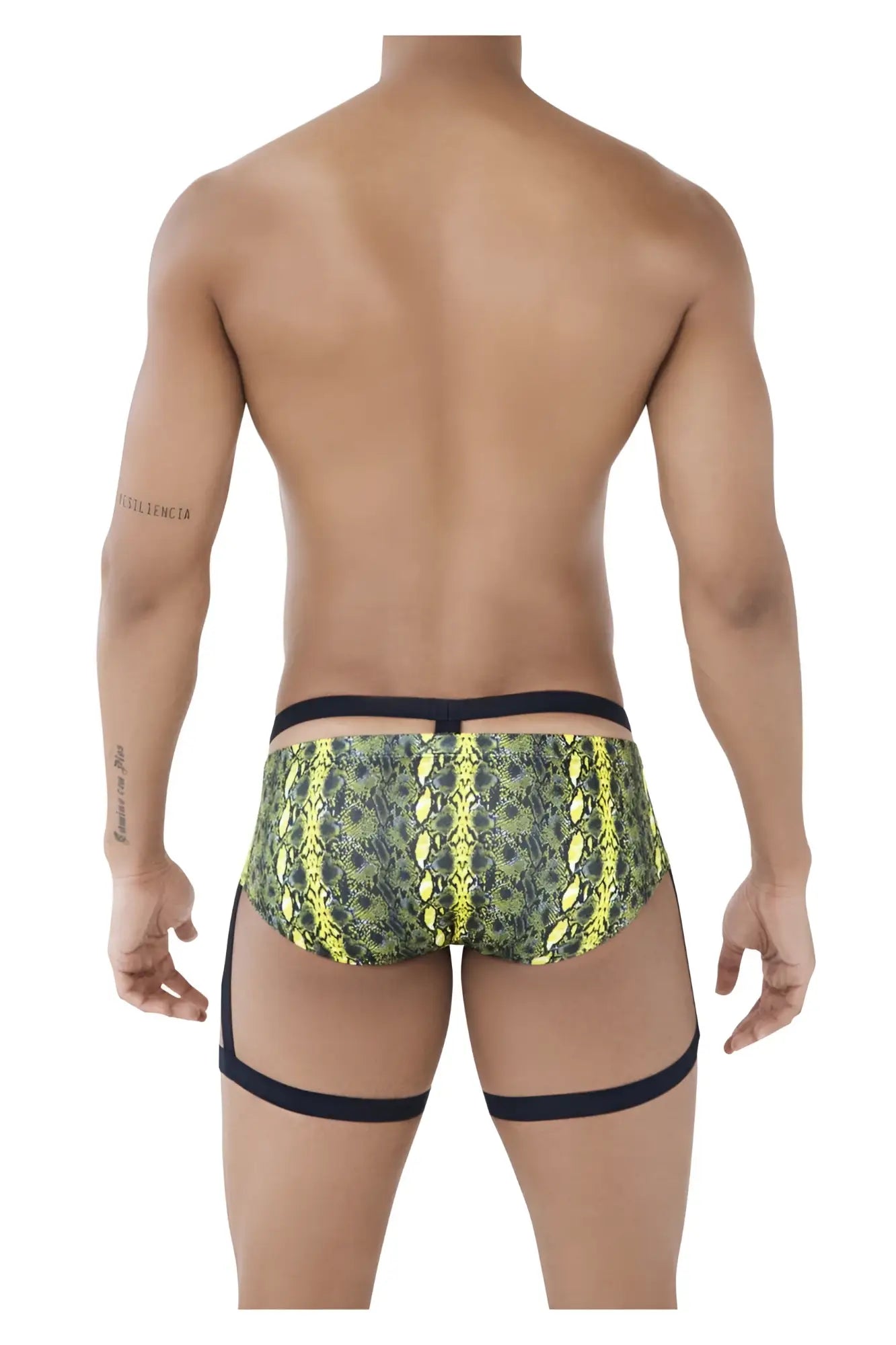 Pikante PIK 0510 neon briefs in vibrant neon yellow and dark green snake scale pattern with black elastic straps