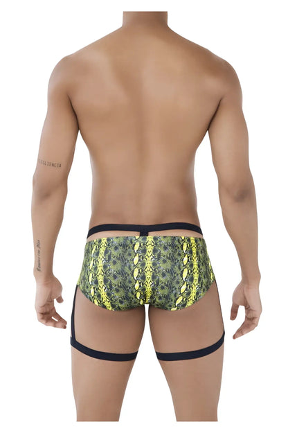 Pikante PIK 0510 neon briefs in vibrant neon yellow and dark green snake scale pattern with black elastic straps
