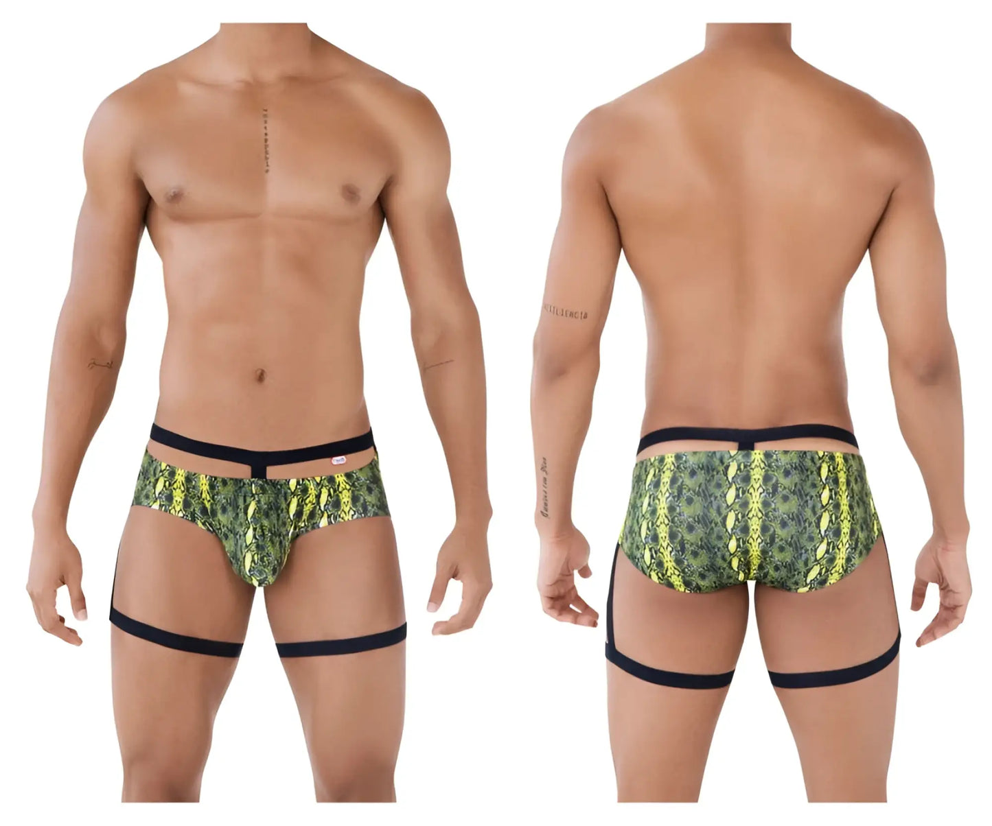 Pikante pik 0510 neon briefs in vibrant green yellow snake-scale pattern with black elastic trim