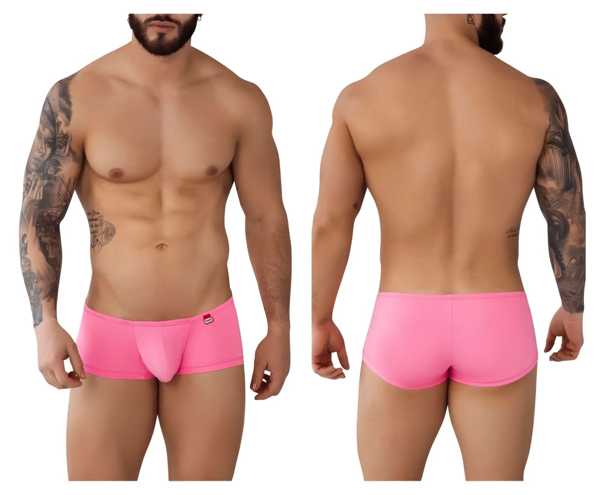 Bright pink form-fitting pikante PIK 0976 angola swim trunks with subtle brand logo on left hip for men