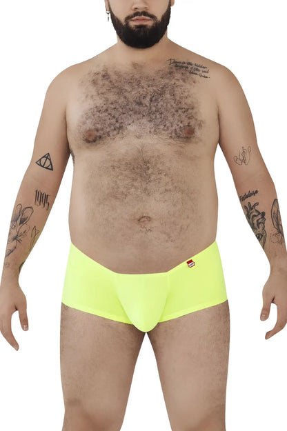 Pikante pik 0976x angola trunks green snug neon yellow briefs with small red logo on waistband front view
