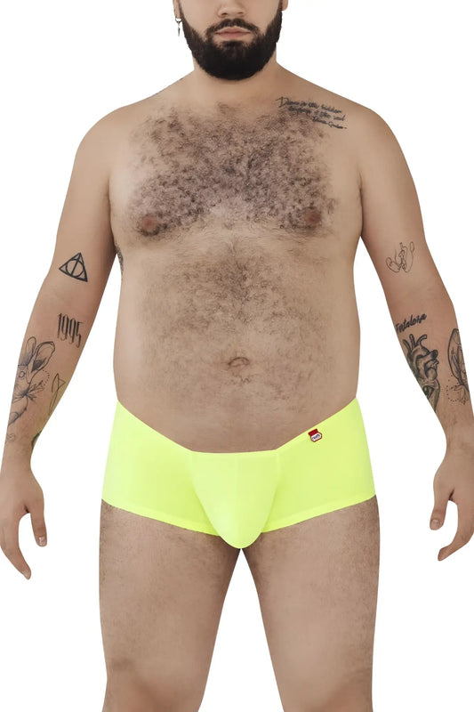 Pikante pik 0976x angola trunks green snug neon yellow briefs with small red logo on waistband front view