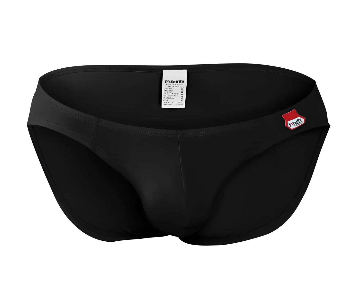 Black Pikante PIK 0977X Angola bikini swim trunks with sleek form-fitting design and subtle red brand logo on the side