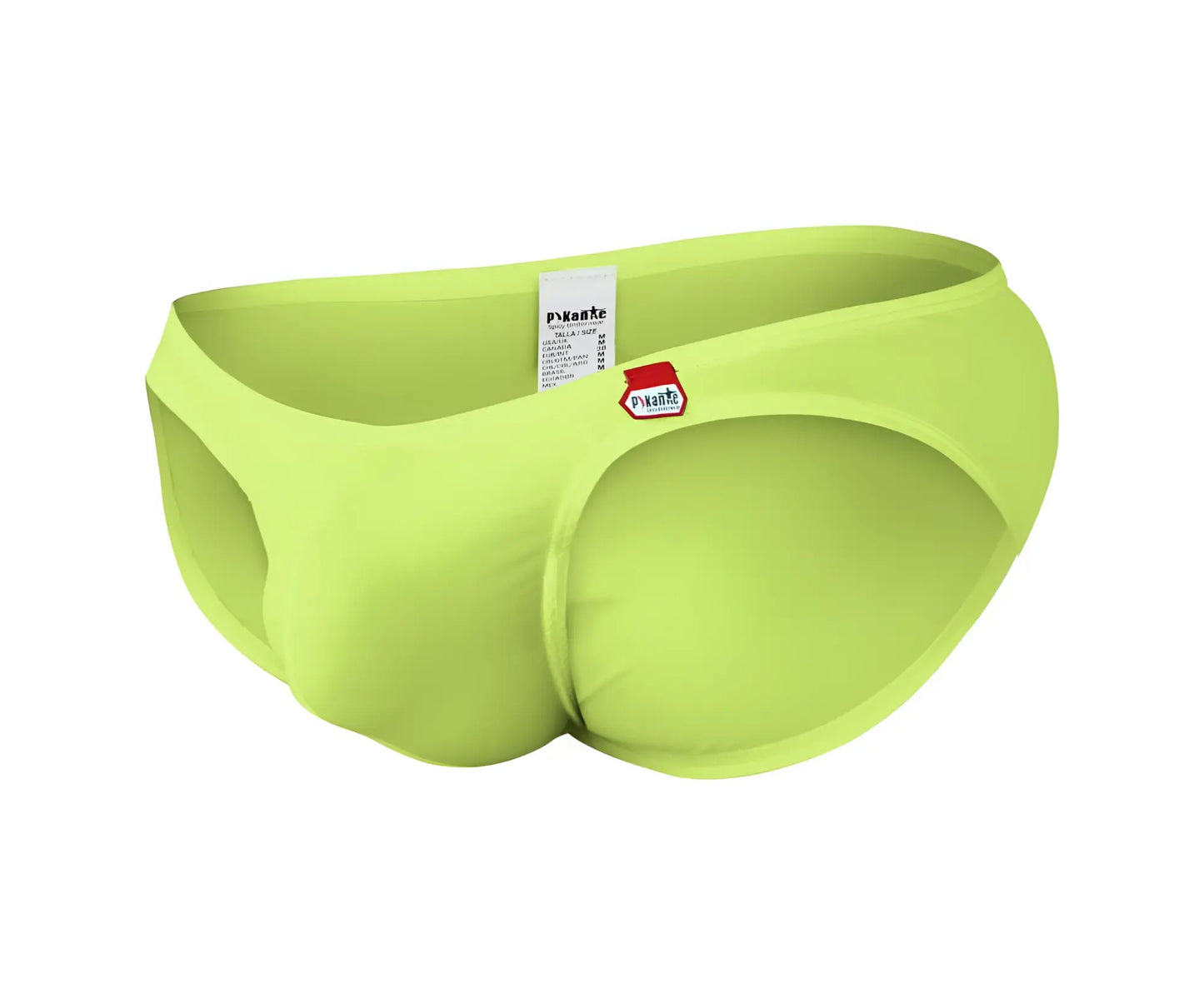 Bright lime green pikante PIK 0977X Angola bikini briefs with snug contoured fit and red logo on waistband