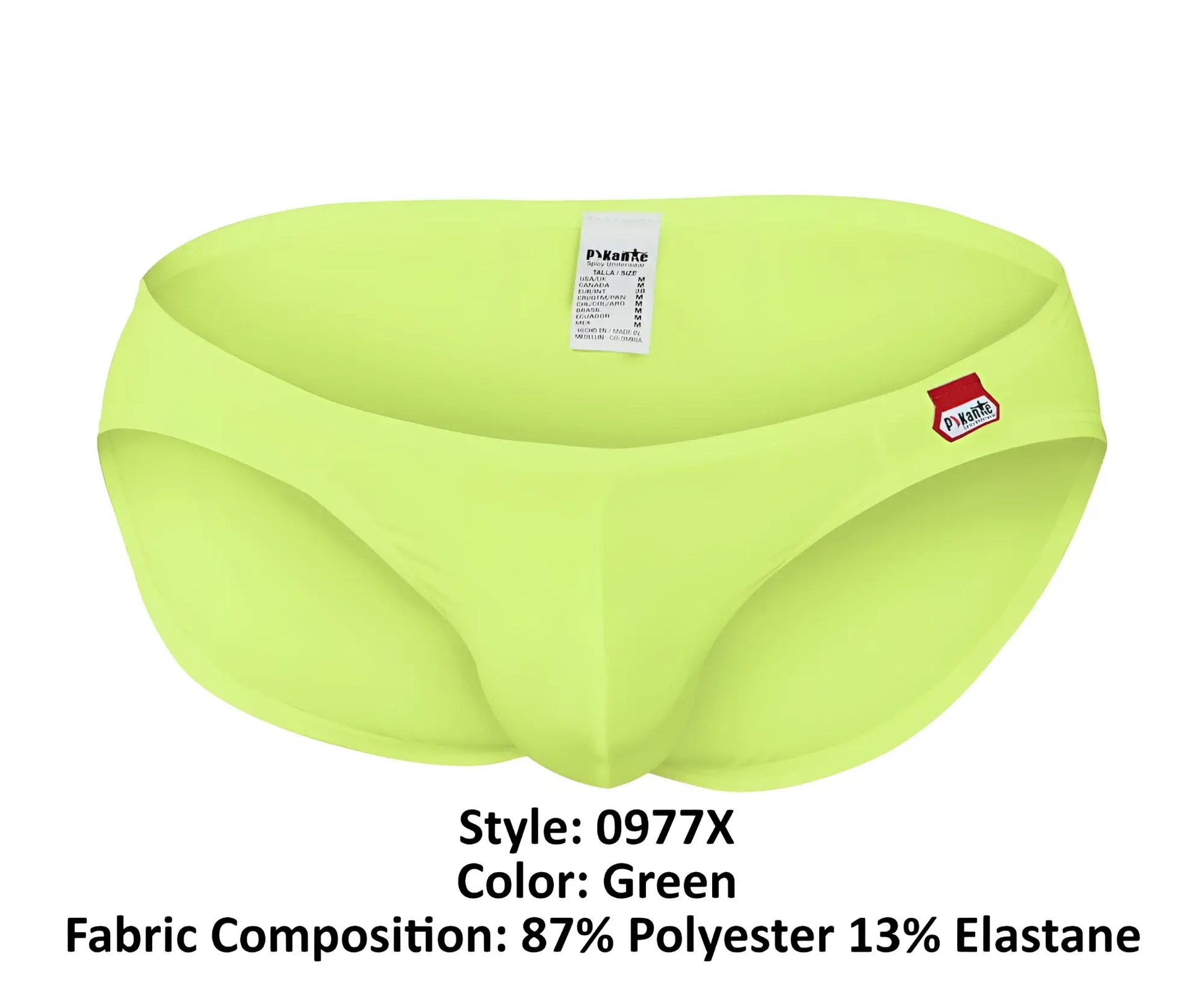 Bright lime green pikante PIK 0977X Angola bikini swim trunks with a red and white brand logo on the side