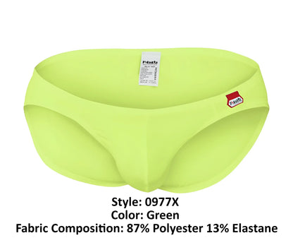 Bright lime green pikante PIK 0977X Angola bikini swim trunks with a red and white brand logo on the side