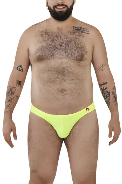 Bright neon yellow briefs with a small red and white logo on the waistband from pikante angola bikini collection