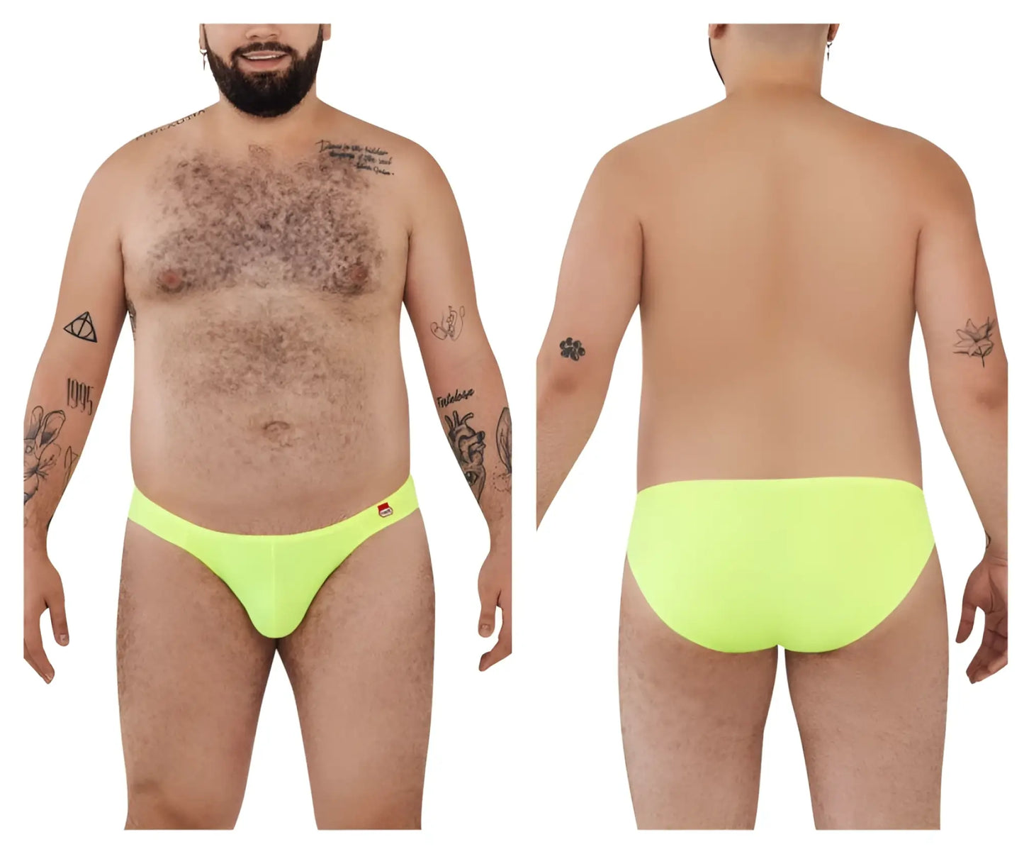 Bright neon yellow pikante bikini briefs with smooth stretchy fabric and small red logo on left hip