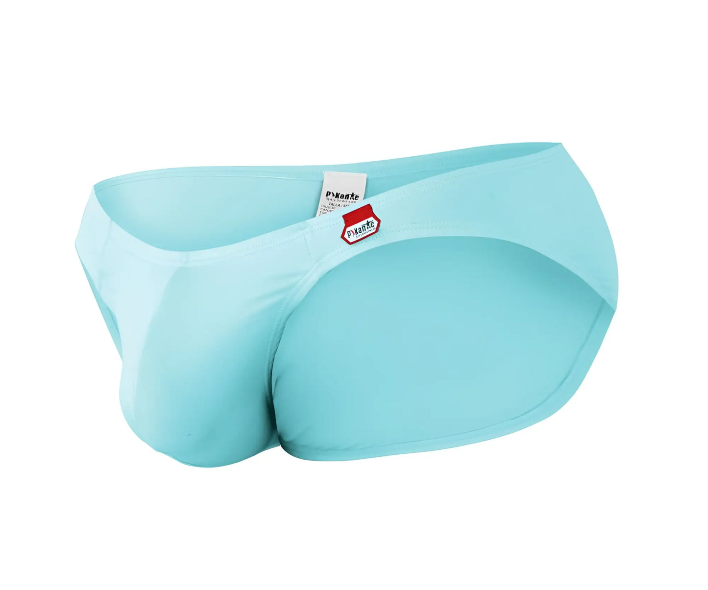 Light blue form-fitting swim trunks with red and white brand tag on waistband pikante pik 0977x angola bikini color light blue