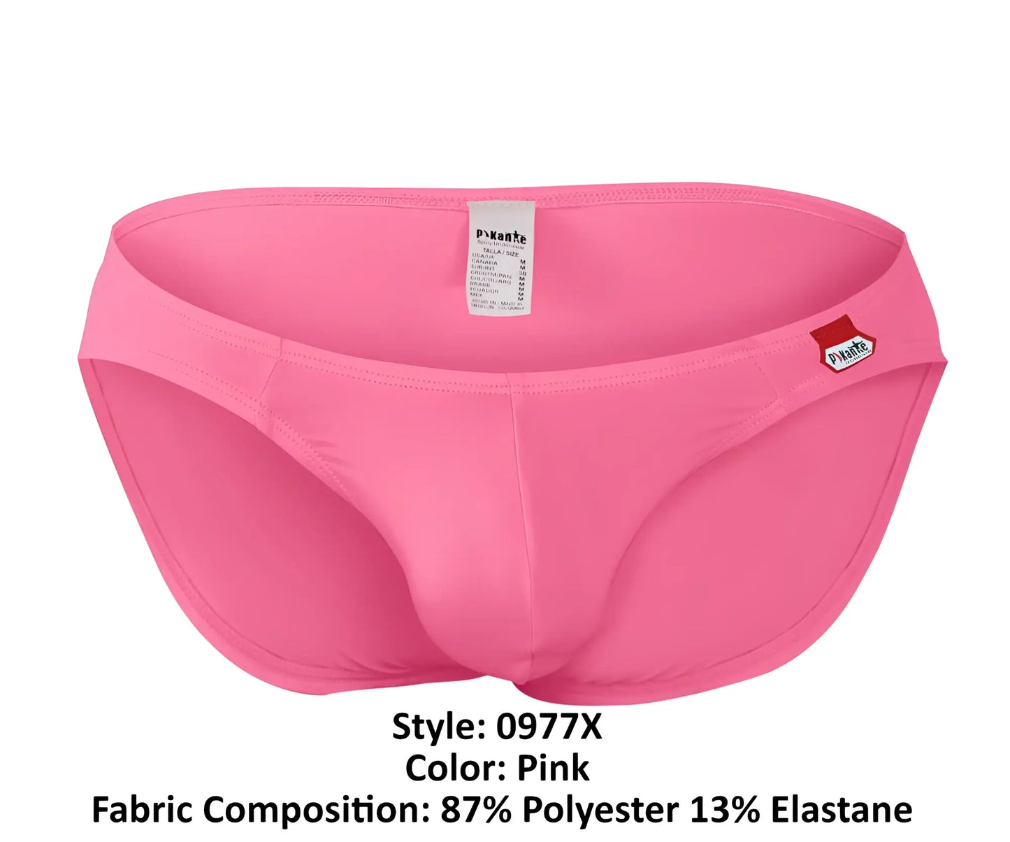 Bright pink pikante PIK 0977X Angola bikini men’s swim trunks with sleek form-fitting design and small red logo on side